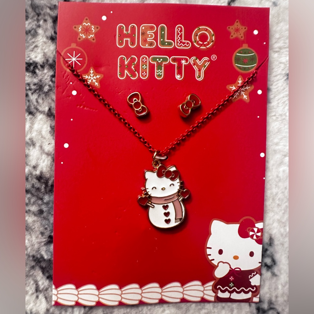 Hello Kitty Sanrio Christmas Snowman Pendant Necklace & Earrings Set Brand New